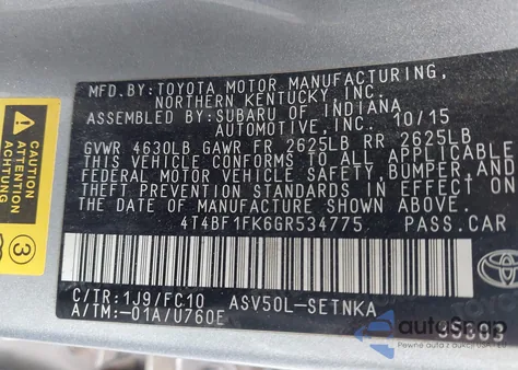 2016 Toyota Camry Le из США, поврежденный, VIN 4T4BF1FK6GR534775